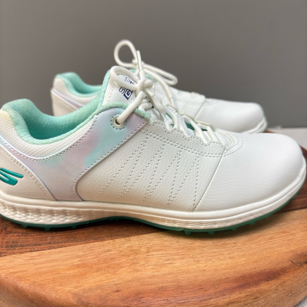 Skechers White and Mint w Iridescent Accent Go Golf  Sneakers for Women